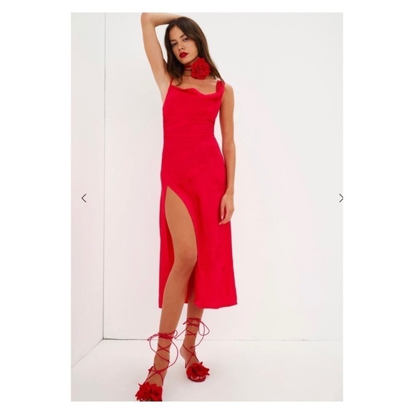 NWT FOR LOVE AND LEMONS Ilana Red Asymmetric High Slit Midi Dress Small - Picture 6 of 16